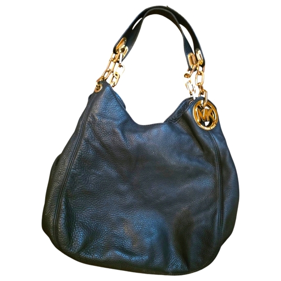 Michael Kors Black Pebbled Leather Gold Accents Hobo Style Bag - Picture 1 of 5